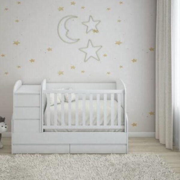 LUNA White Baby Cot Convertible Bed, Desk, Sofa, Removable Grid - Image 2