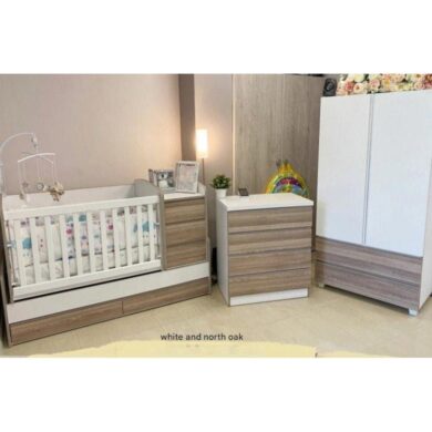 Baby Nursery Furniture Set 3pc Convertable Cot Bed Wardrobe Chest Of Drawers