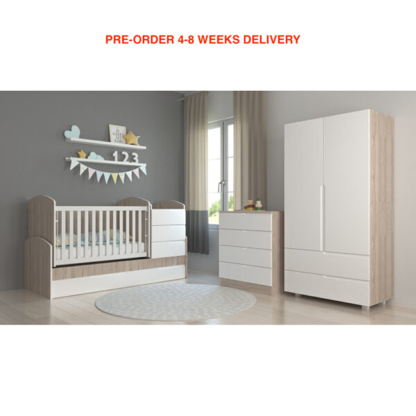 PRE-ORDER! 3 Pcs Full Baby Nursery Bedroom Set Convertible Cot  Wardrobe Dresser