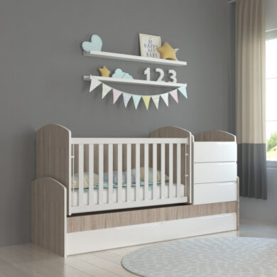 Sani North Oak+White, Baby Cot Convertible Bed + Mattress Swinging Basket Toddler Bed