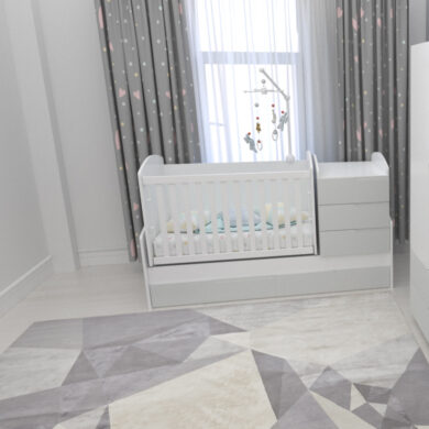 Sani White+Grey, Baby Cot Convertible Bed + Mattress Swinging Basket Toddler Bed